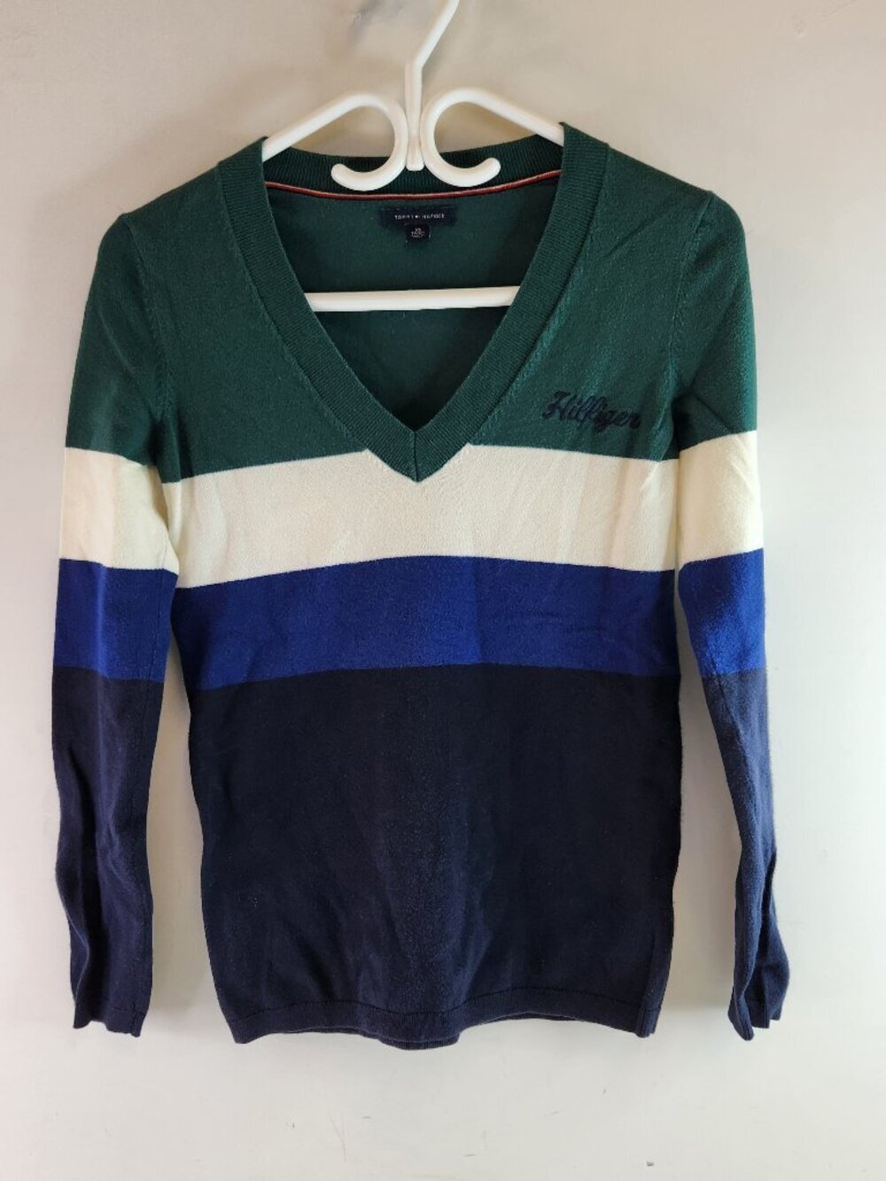 Tommy Hilfiger Womens V-Neck Block Stripe Sweater Size XS Green Blue White